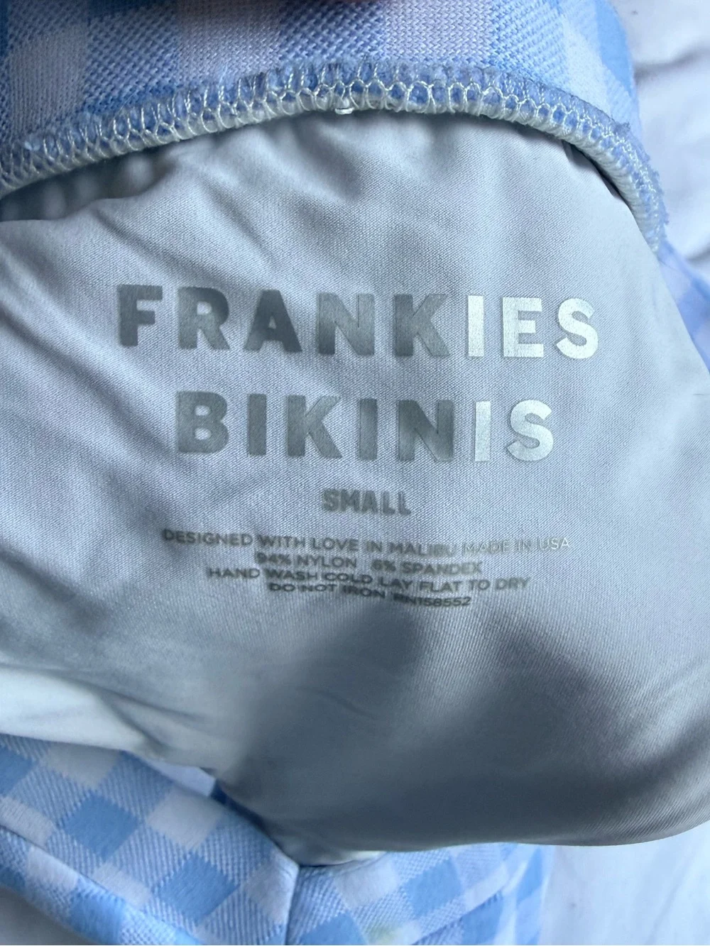 Frankies Bikinis Light Blue Gingham Bikini Top Large Bottom Small